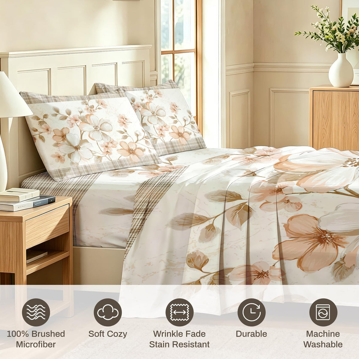 Plaid and Floral King Sheet Set Farmhouse Flat Fitted Sheet Sets