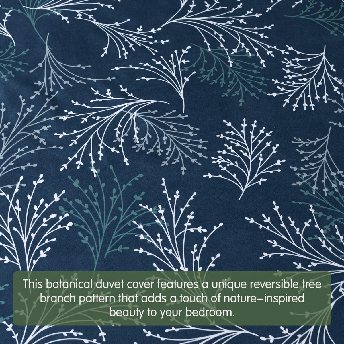 Lekesky Reversible Duvet Cover Queen Size, Navy Blue Branch Comforter Cover Queen 3pcs Microfiber Botanical Bedding Set with Zipper Closure Corner Ties