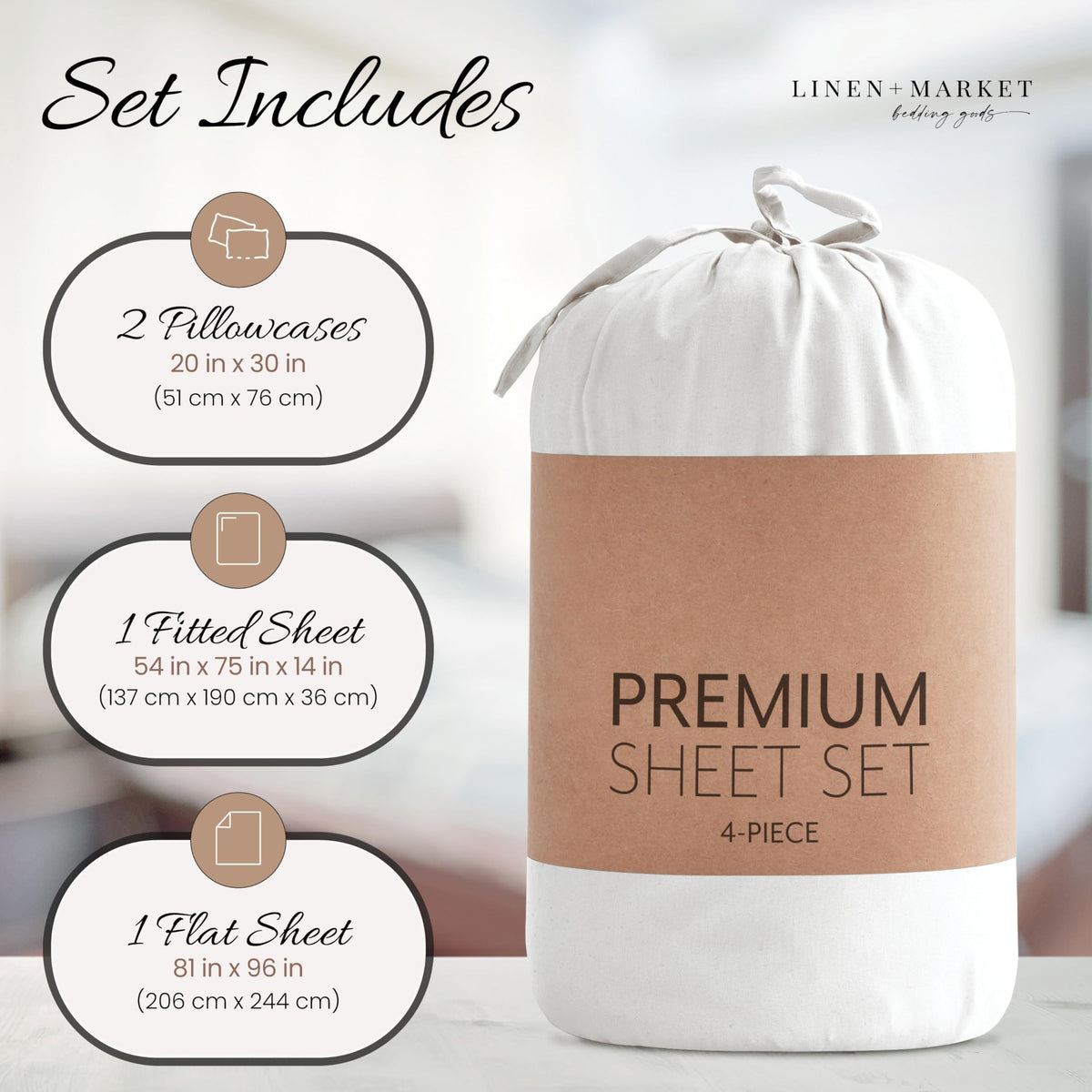 Linen Market Brushed Microfiber Full Sheet Set 4 Piece – Oeko-TEX Certified Ultra Soft & Wrinkle-Free - 16" Deep Pocket Sheets - Easy Care Full Size - White