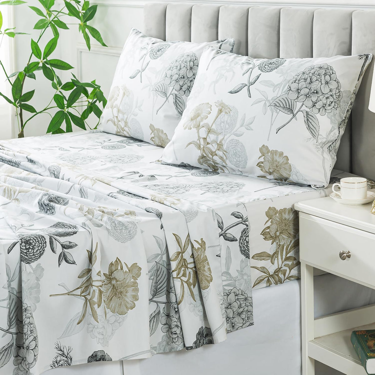FADFAY Queen Sheets Set Percale Cotton Grey Floral Bed Sheets Deep Pocket Fitted Sheet, Luxury Ink Vintage Grey Hydrangea Printed Shabby White Bedding for All Season, Super Soft Crisp & Cool, 4 Pcs