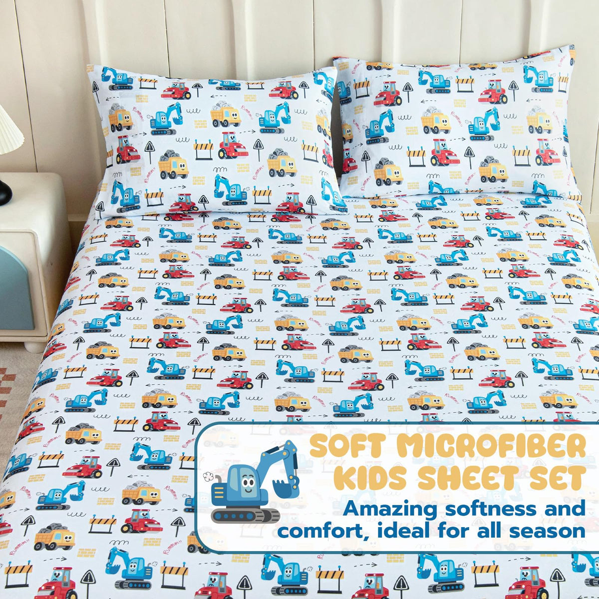 Homilay Full Sheet Set Kids - Cars 4 Pieces Soft Microfiber Cartoon Style Bedsheets for Boys Girls Teens, Oeko TEX Breathable 15 Inch Deep Pocket Sheets(Engineering Cars)
