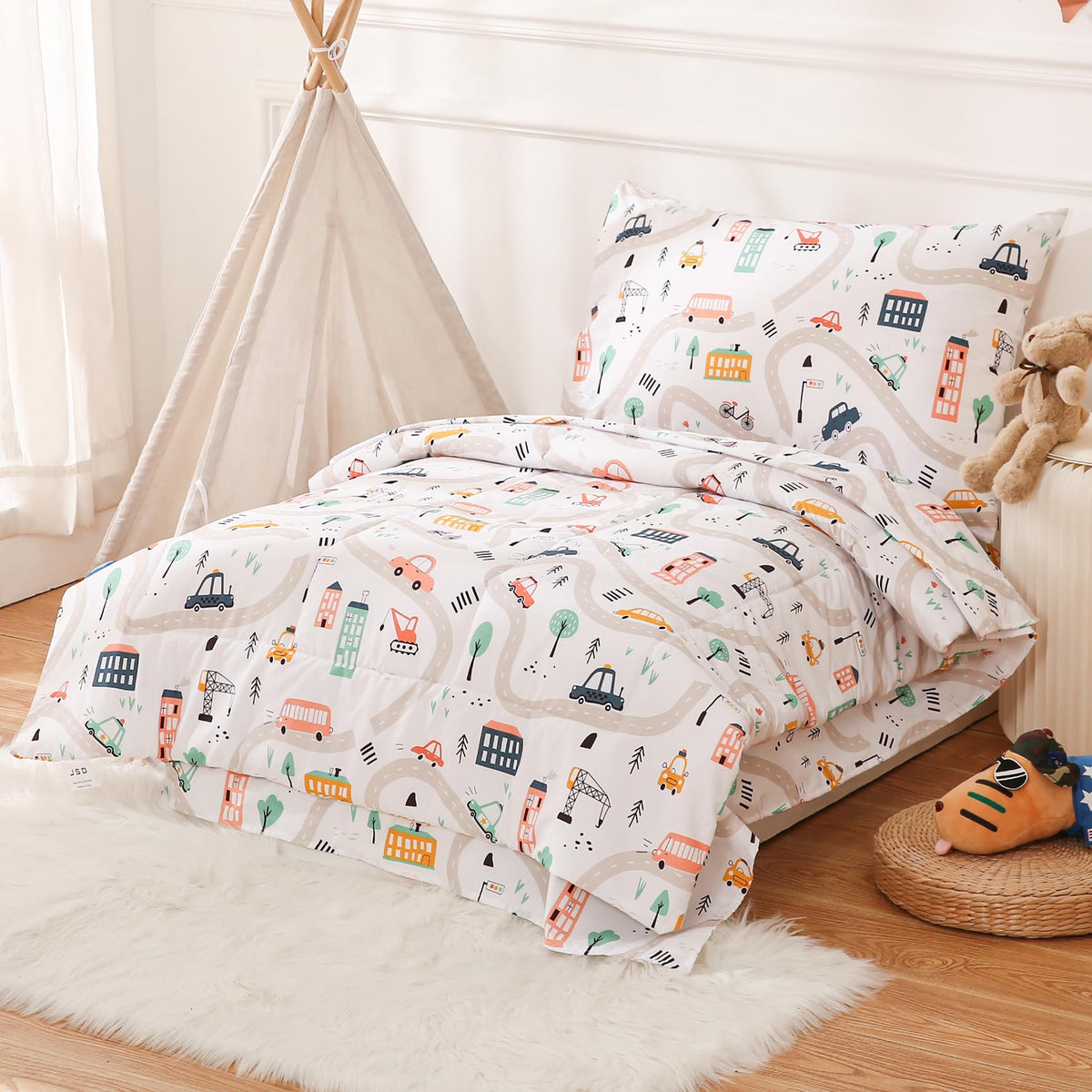 JSD Car Toddler Bedding Set, 4 Piece Bed-in-a-Bag Toddler Microfiber Comforter Sheet Set, All Season Machine Washable
