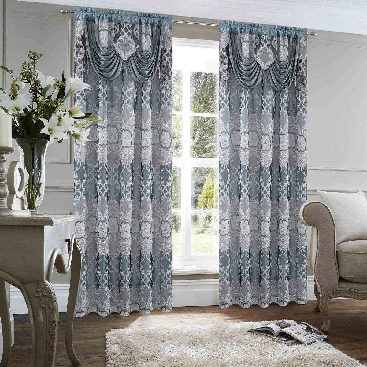 Petrichor Gray Sheer Jacquard Voile Curtains (54" W x 63" L), 2 Panels with Attached Valance, Double Layer Floral Cutwork Design with Luxurious Texture, Rod Pocket, for Bedroom & Living Room