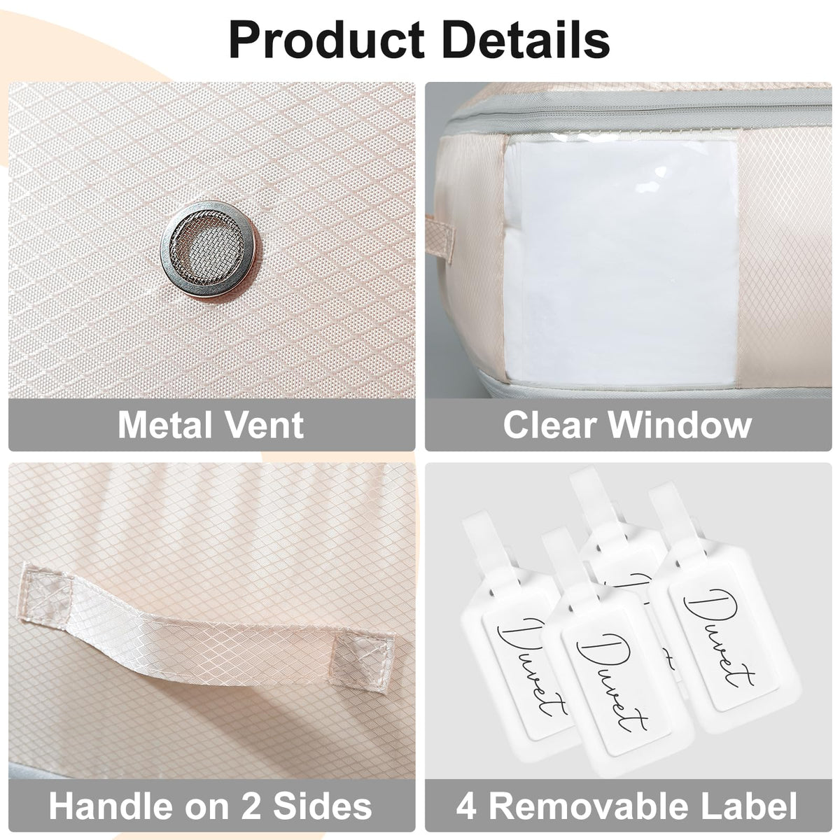 DIMJ Comforter Storage Bag - Large Capacity Ultra Space Saving Self Compression Organize for Duvet, Pillow, Bedding, Blanket Storage Organizer Nylon Compression Bags, Sheet Storage, Beige, 4 Pack