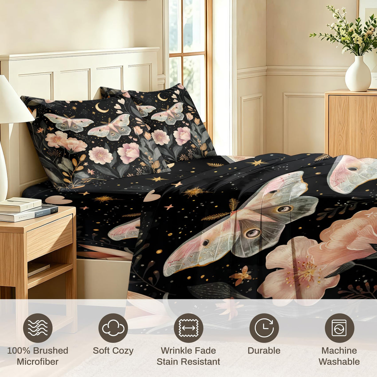 Pink Luna Moth Bedding Set 4 Pcs Girls Moon Star King Sheets