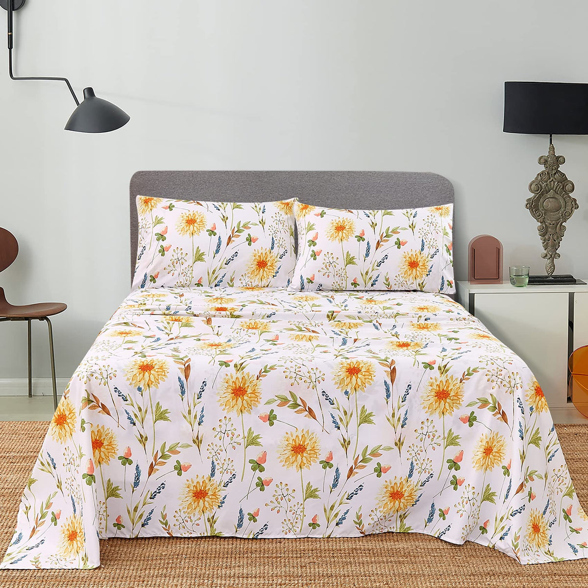 JSD Yellow Floral Printed Sheet Set King Size, 4 Piece Soft Botanical Microfiber Bedding Sheets Extra Deep Pocket