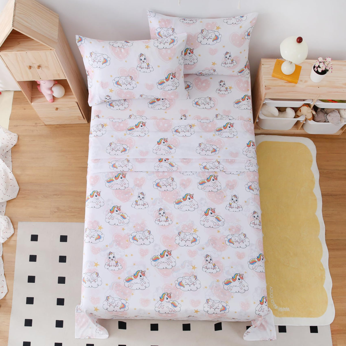 Yibeizi Twin Sheets Set Kids, Unicorn Pattern Microfiber Single Bed Sheets, Cute Heart Soft Oeko-Tex Extra Deep Pocket Sheets & Pillowcases Cooling Hypoallergenic Wrinkle Free Bedsheets