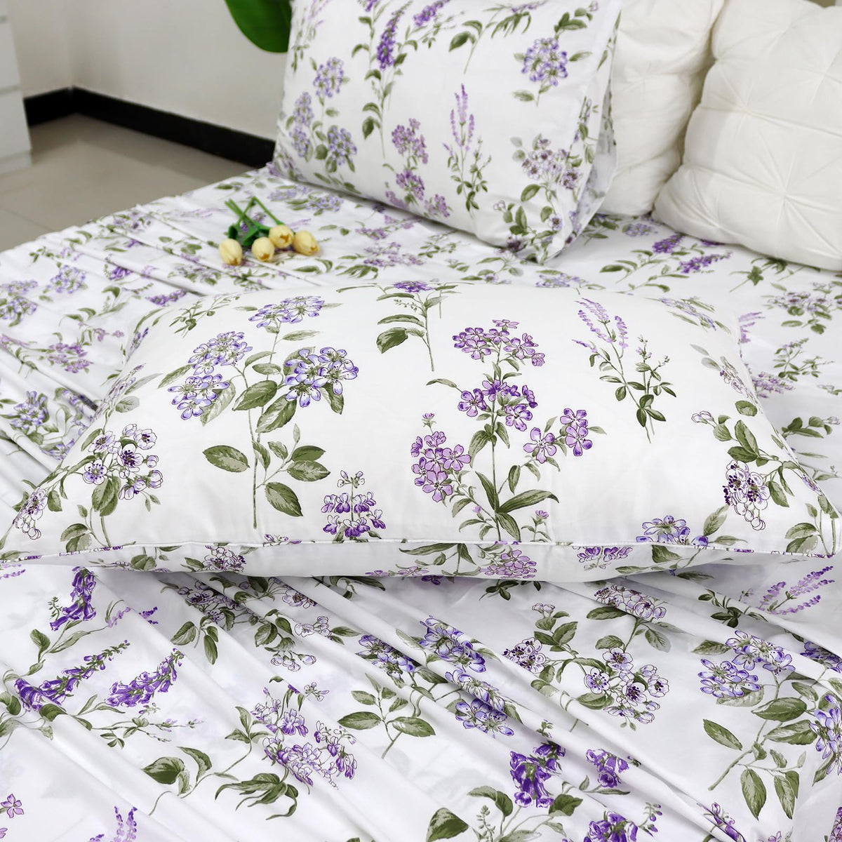 Helthep Floral Sheet Set King Size 100% Cotton Purple Floral Pattern Sheets Botanical Shabby Printed Bed Sheets Set Luxury Percale Warm 17.5" Deep Pocket Ultra Soft and Beathable, 4Pcs