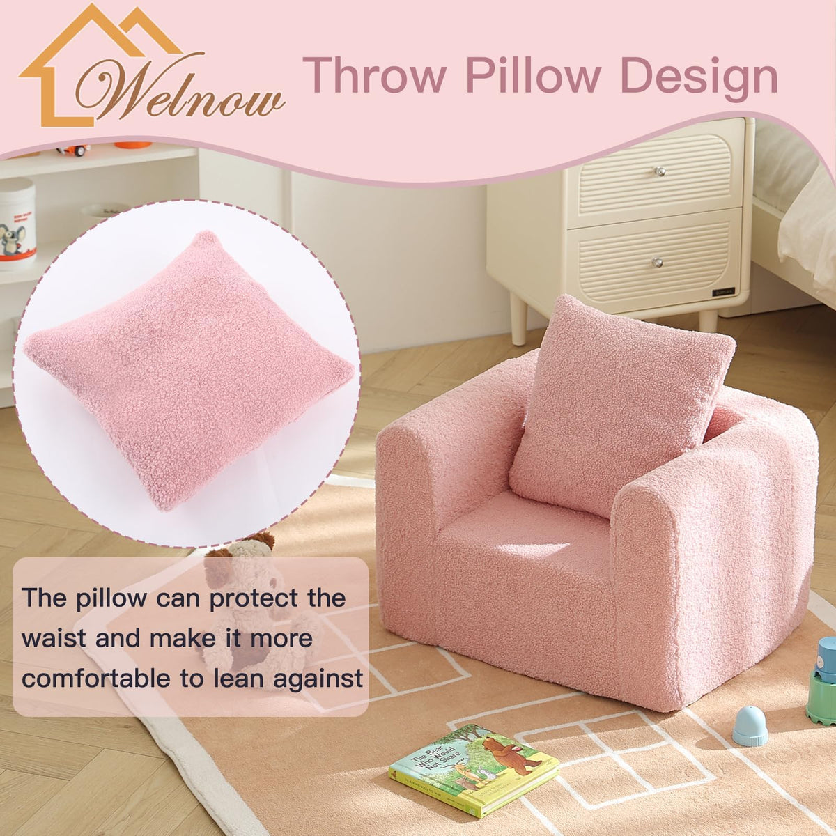 Welnow Kids Sofa with Pillow, Cozy Toddler Chair Soft Foam Seat for Reading, Children's Couch with Armrest Lightweight Comfy Kids Furniture for Bedroom, Playroom for Boys and Girls, Sherpa Pink