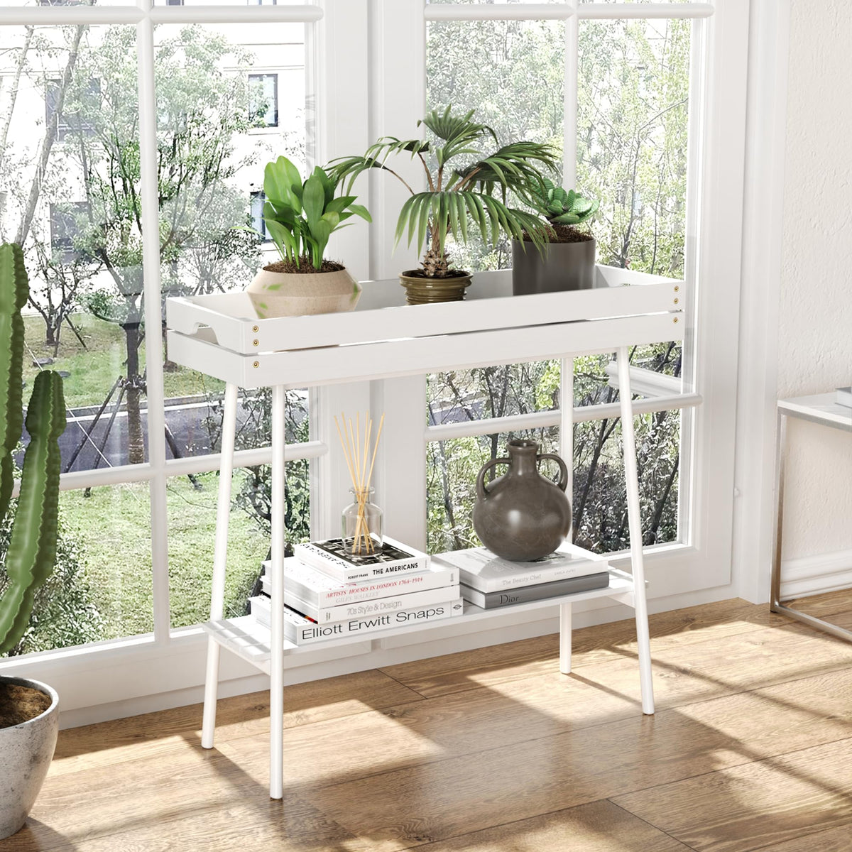 BAMBANG Bamboo Plant Stand Indoor, 2 Tier Small Plant Table, Tall Plant Stand for Indoor Plants, Window Sill Plant Shelf, Flower Pot Holder Plant Bench Plant Rack for Living Room Outdoor, White