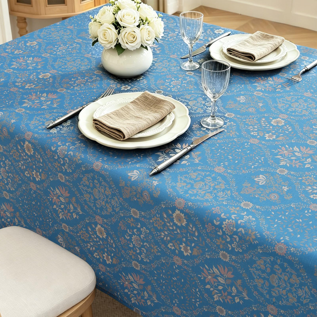 Honellaty Blue French Vintage Floral Rectangle Tablecloth, 60 x 84 Inch
