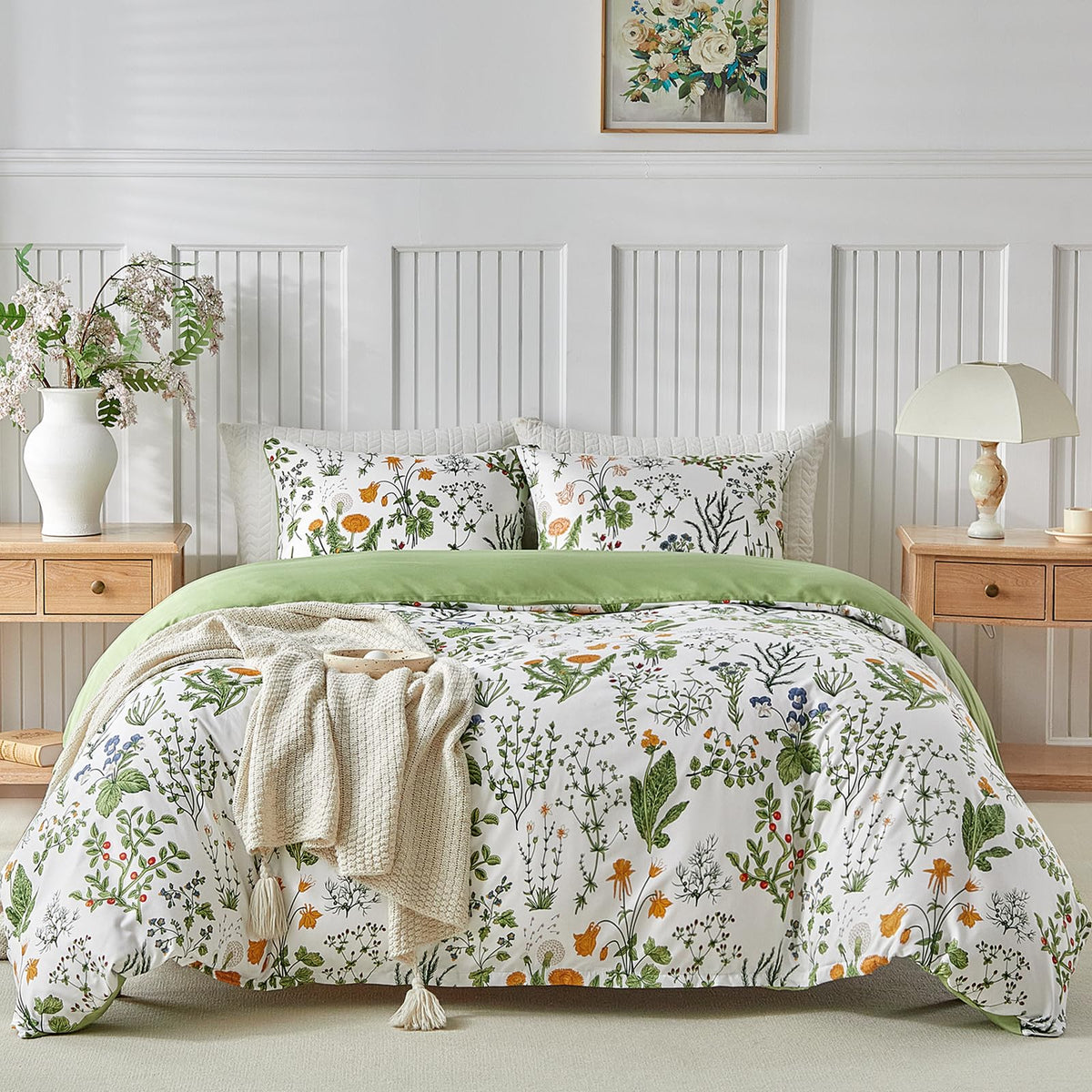 Lekesky King Size Duvet Cover Set, Lightweight Soft Microfiber Comforter Cover, Reversible Duvet Cover King with Floral Pattern, 3 Pieces Green Bedding Set with Zipper and 2 Pillowcases
