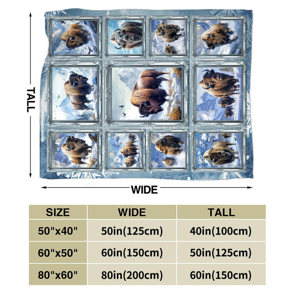 Bison Blanket Soft Fuzzy Fleece Snow Mountain Wild Animal Throw Blankets Decor Cozy Warm Plush Flannel Blanket Gifts for Boys Girls Men Women Home Chair Sofa Couch Bed 50"X40"