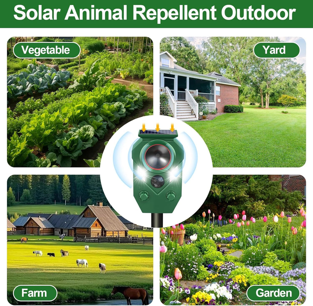 Ultrasonic Animal Repeller Outdoor - Cat Repellent & Deterrent with PIR Sensor & Flashing Light,Solar Powered Deer Repellent for Squirrel,Raccoon,Skunk,Rabbit,and Dogs,IP65 Waterproof (4 Pack)
