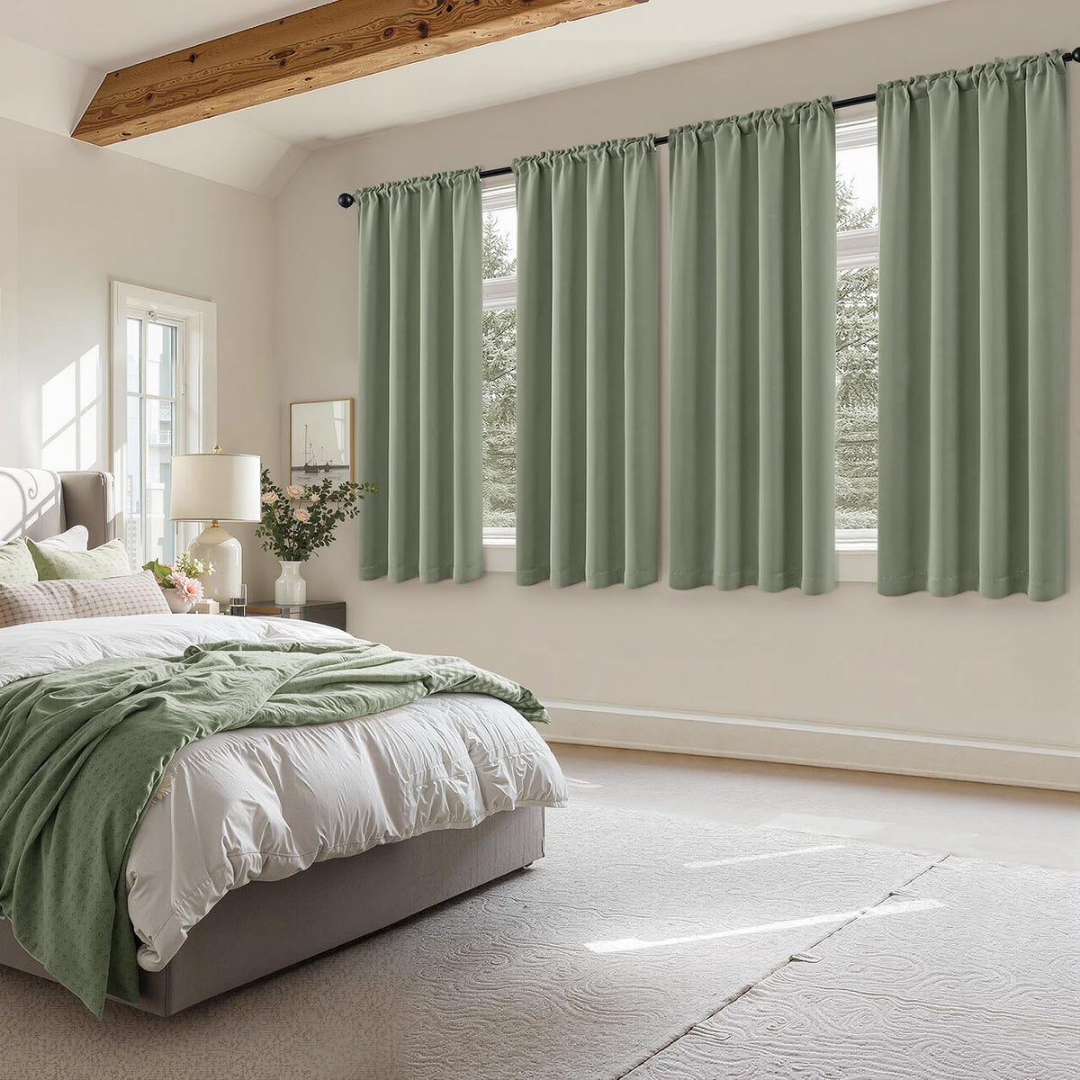 MIULEE Blackout Curtains 4 Panels Sets Sage Green 63 Inch Length, Top and Bottom Rod Pocket Room Darkening Curtains for Bedroom Windows, 4 Pack Solid Thermal Insulated Light Blocking Curtain Drapes