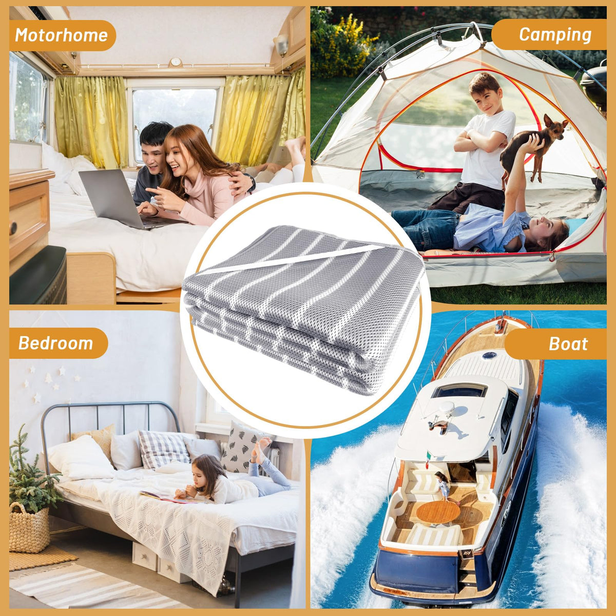 RV Mattress Underlay Moisture Barrier & RV Under Mattress Ventilation, Mattress Support Board with 4 Straps - 3D Grey Stripe Airflow Pad for Camper, Boat (Short Queen-60 * 75 * 0.3'')