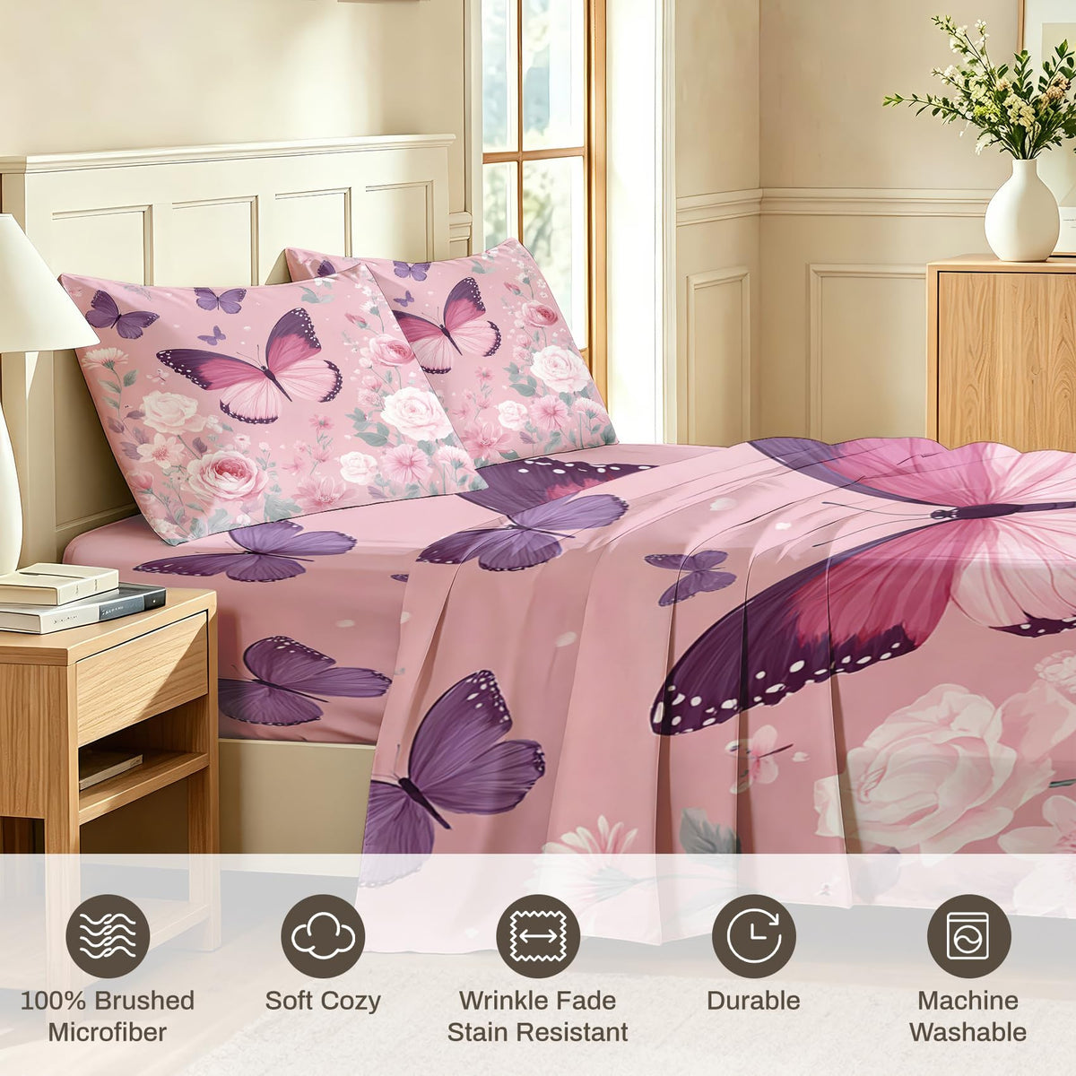 Pink Rose Bedding Set 4 Pcs Girls Butterfly Queen Sheets