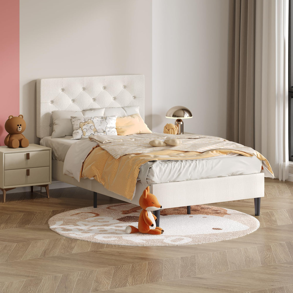 Lullabyre Twin Bed Frames for Kids, Upholstered Platform Bed Frame, Upholstered Bed Frame with Tufted Headboard, No Box Spring Needed, Easy Assemble, White