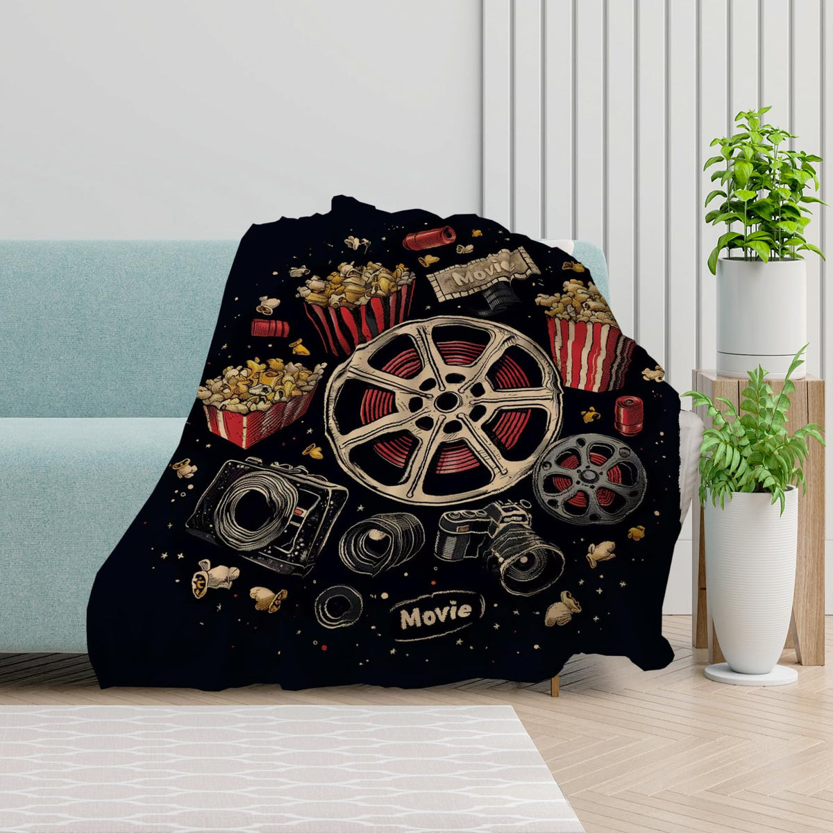 keepitcozi Movie Ticket Popcorn Throw Blanket for Adult Kids, Movie Theater Cinema Gifts Blanket Home Room Decor, Flannel Soft Blanket for Bed Couch 50"x60"