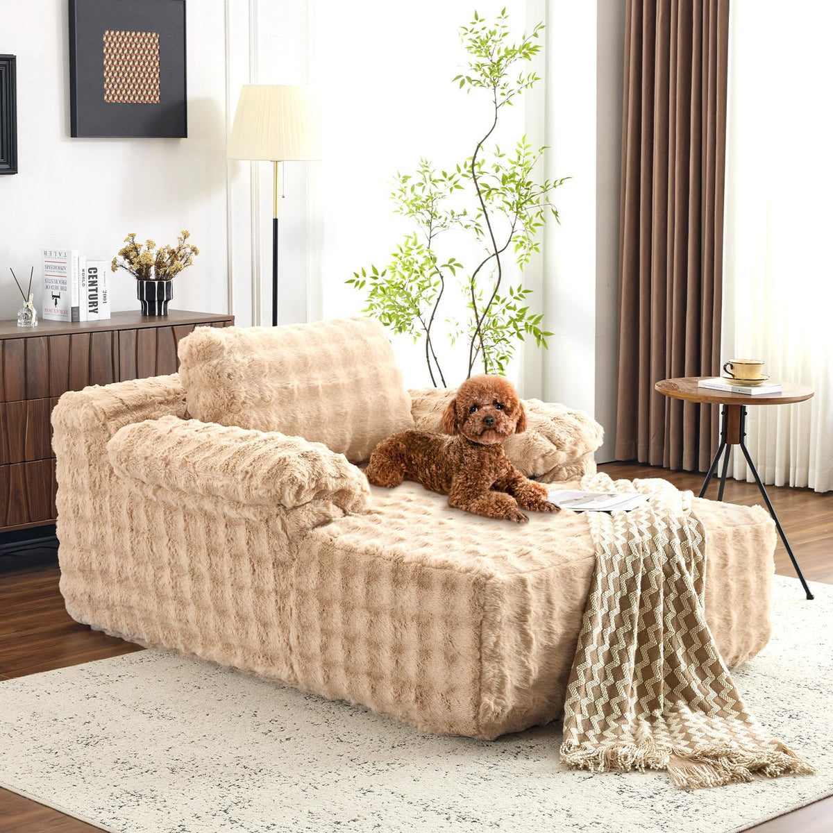 VINGLI Boneless Chaise Lounge Chair Indoor, 55.5" Deep Seat Sleeper Sofa Bed Upholstered Bubble Fleece Fabric Couches for Living Room, Bedroom, Play Room, No Assembly Required