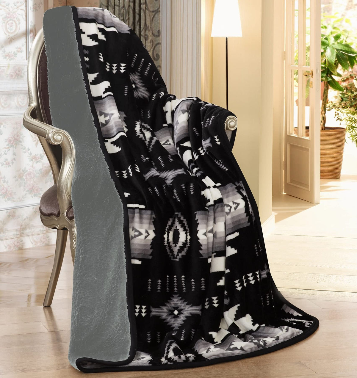 Nu Trendz Signature Southwest Design (Navajo Print) Sherpa Lined Throw 16112 Black_Grey Color