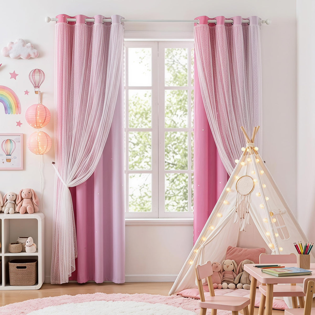 MYSKY HOME Pink Blackout Curtains for Girls Bedroom Decor Living Room, Hollow-Out Stars Grommet Window Ombre Curtain for Nursery Kids Room, W34 X L90 Inches Long, 2 Panels Set