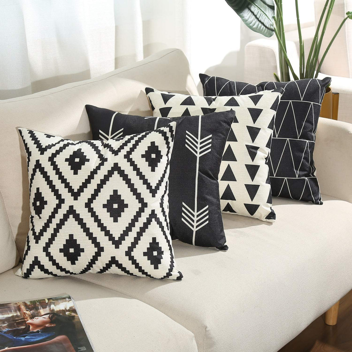 Tosewever Set of 4 Decorative Geometric 18 x 18 Inches Throw Pillow Covers - Modern Pattern Linen Square Pillow Cushion Case for Sofa Couch Bed Home Outdoor Car (18" x 18", Black)