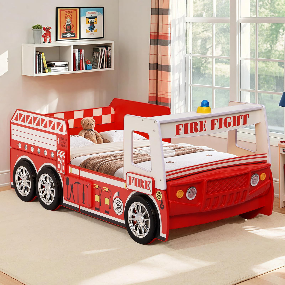 LKTART Twin Size Car Bed for Kids, Fire Truck-Shaped Wooden Platform Bed Frame with LED Lights, Headboard Wheels and Support Slats for Boys Toddlers Child's Bedroom (Red)