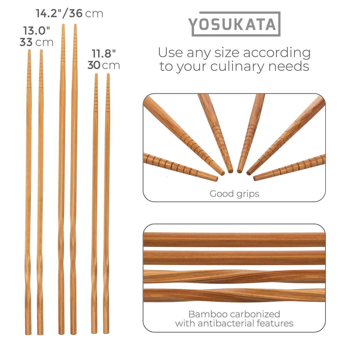 YOSUKATA Carbon Steel 11.8" Stir Fry Wok Pan - Pre-Seasoned Chinese Wok with Flat Bottom + 17" Wok Spatula and Ladle Skimmer Spoon + Reusable Natural Wooden Long Cooking Chopsticks Set of 3 pairs