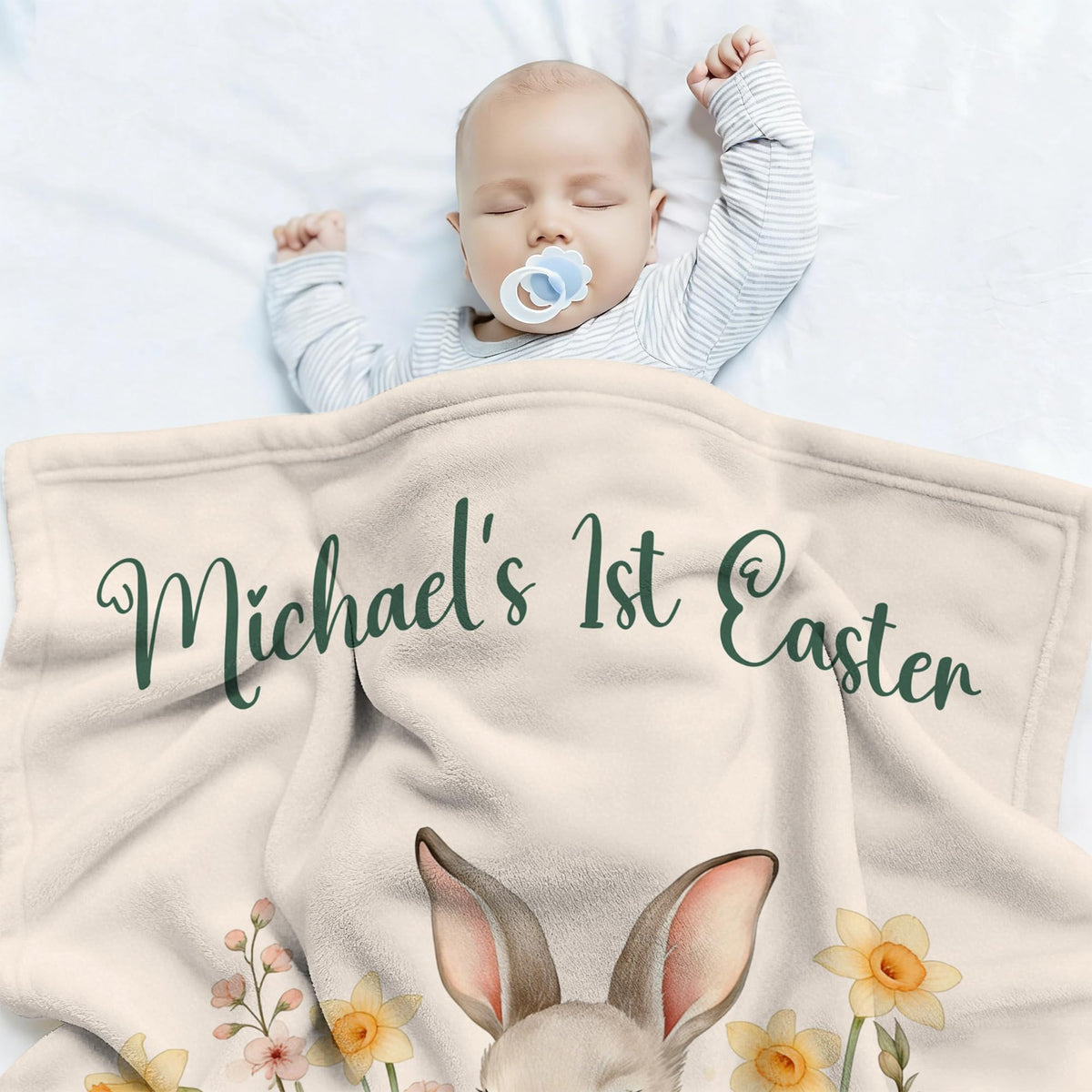 Lcyawer Personalized Blanket with Name, Custom Bunny Blanket for Baby, Baby's 1st Easter Flannel Throw Blankets for Boys Girls, Baby Easter Birthday Gifts for Infant Newborn Shower, Printed in USA
