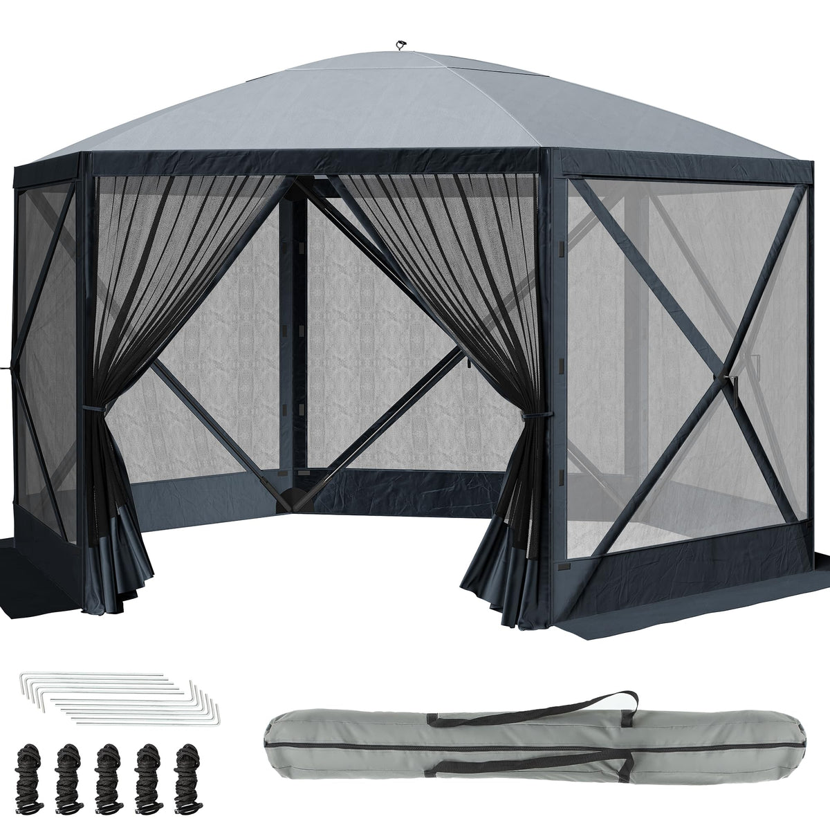 DWVO Gazebo Screen Tent, 11.5x11.5ft Instant Outdoor Portable Camping Screen House Canopy 6 Sided w/Mesh Windows & Carry Bag for Patio, Camping, Backyard, Grey