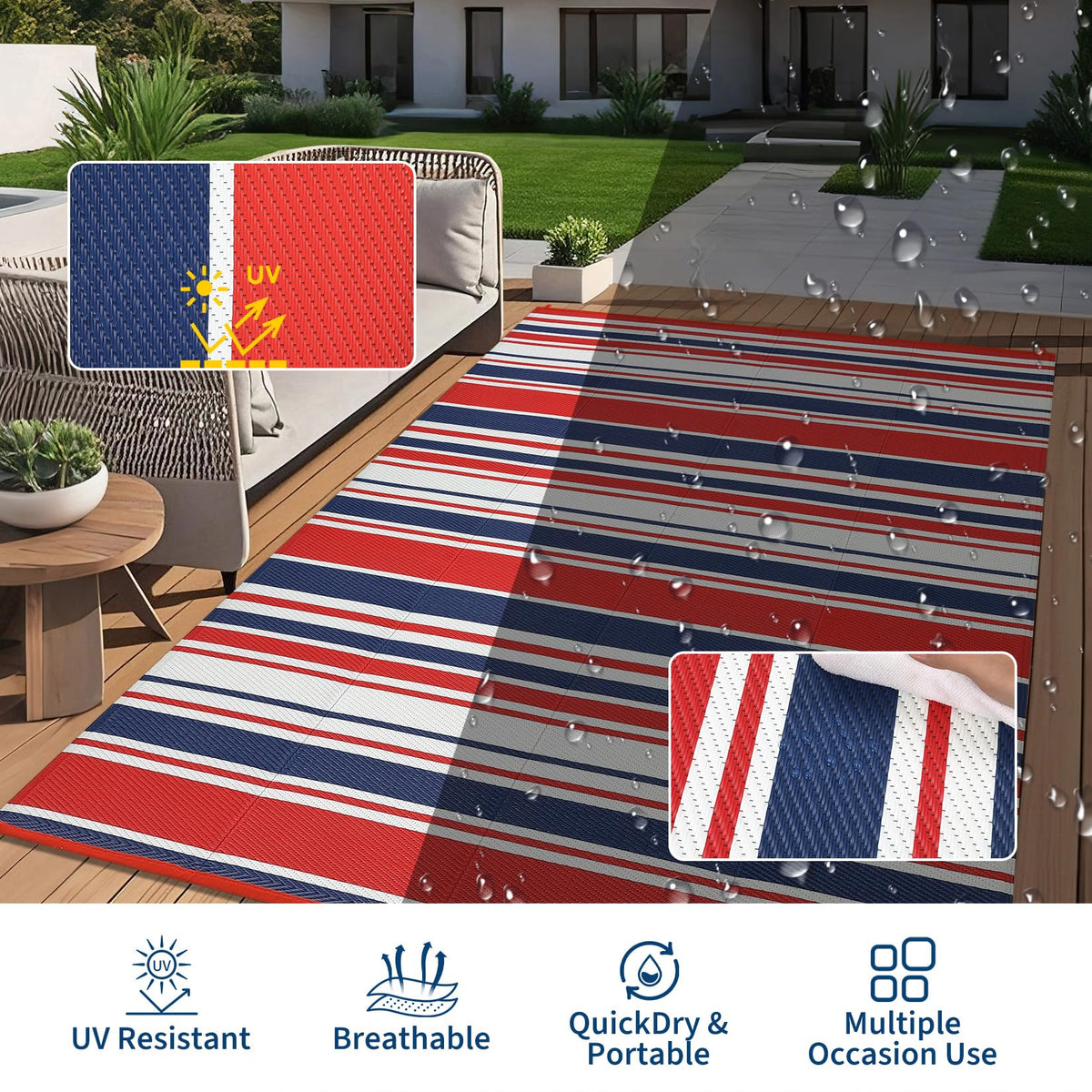 MilleLoom 10x20 Large Outdoor Patio Rug Modern Line Plastic Straw Outdoor Rugs Waterproof Foldable UV Resistant Camping Reversible Mats for Deck, Picnic, Porch, Camper, Balcony, Beach, Rv,Red/Multi