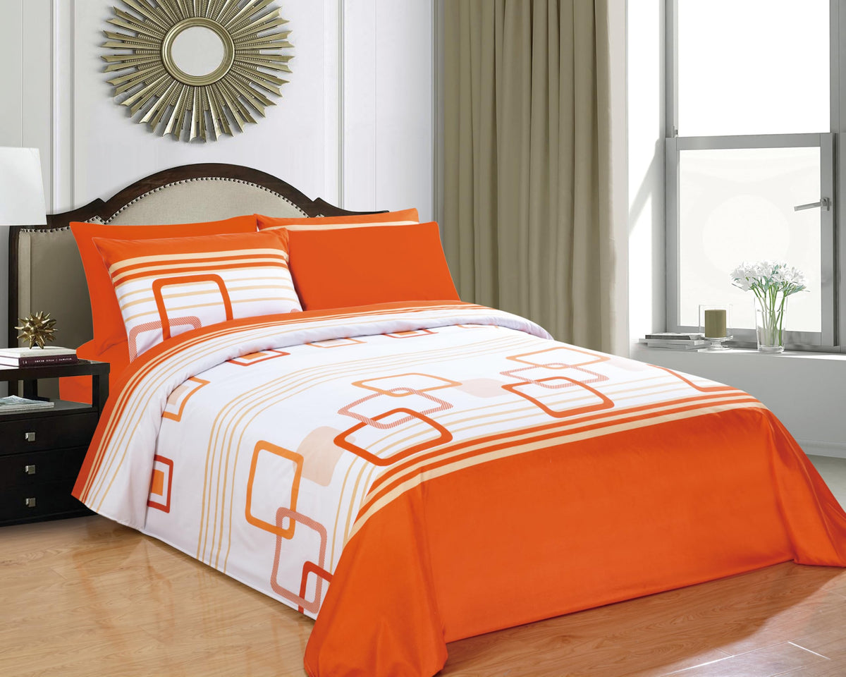 6Pcs Bed Sheet Set King Size, Orange White Geometric Soft Microfiber Bedding Sets with 1 Square Rectangle Patterned Sheet 1 Deep Pocket Fitted Sheet and 4 Pillowcases