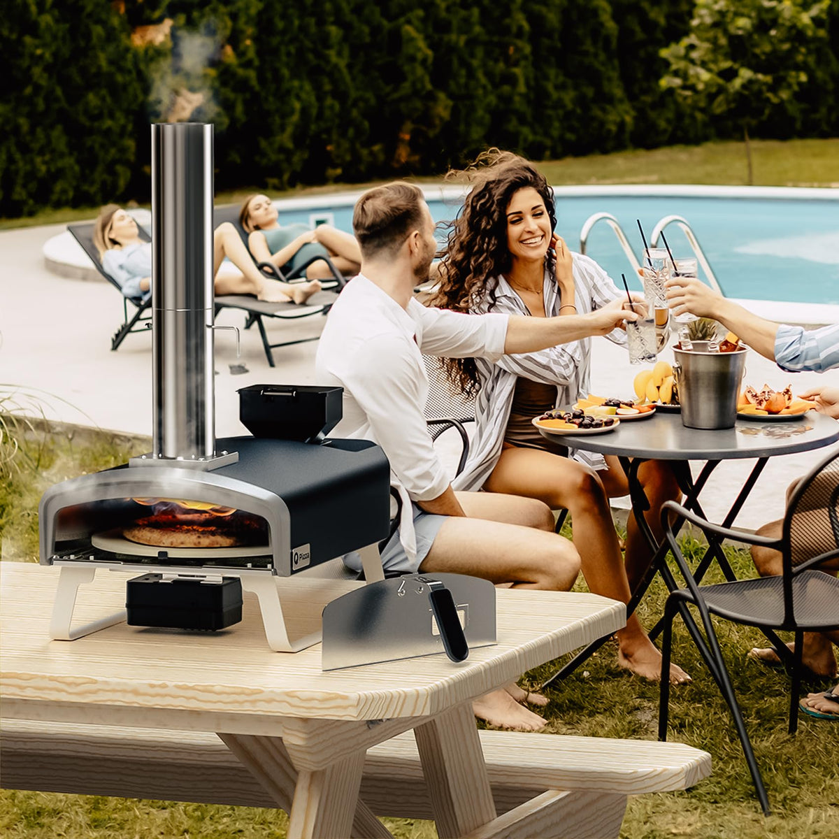 Q Pizza Wood Pellet Pizza Oven with Rotatable Stone, Portable Pellet Pizza Oven with Chimney and Door, Outdoor Pizza Stove for Backyard, Camping, Picnicking, RV, Tailgating, PS106
