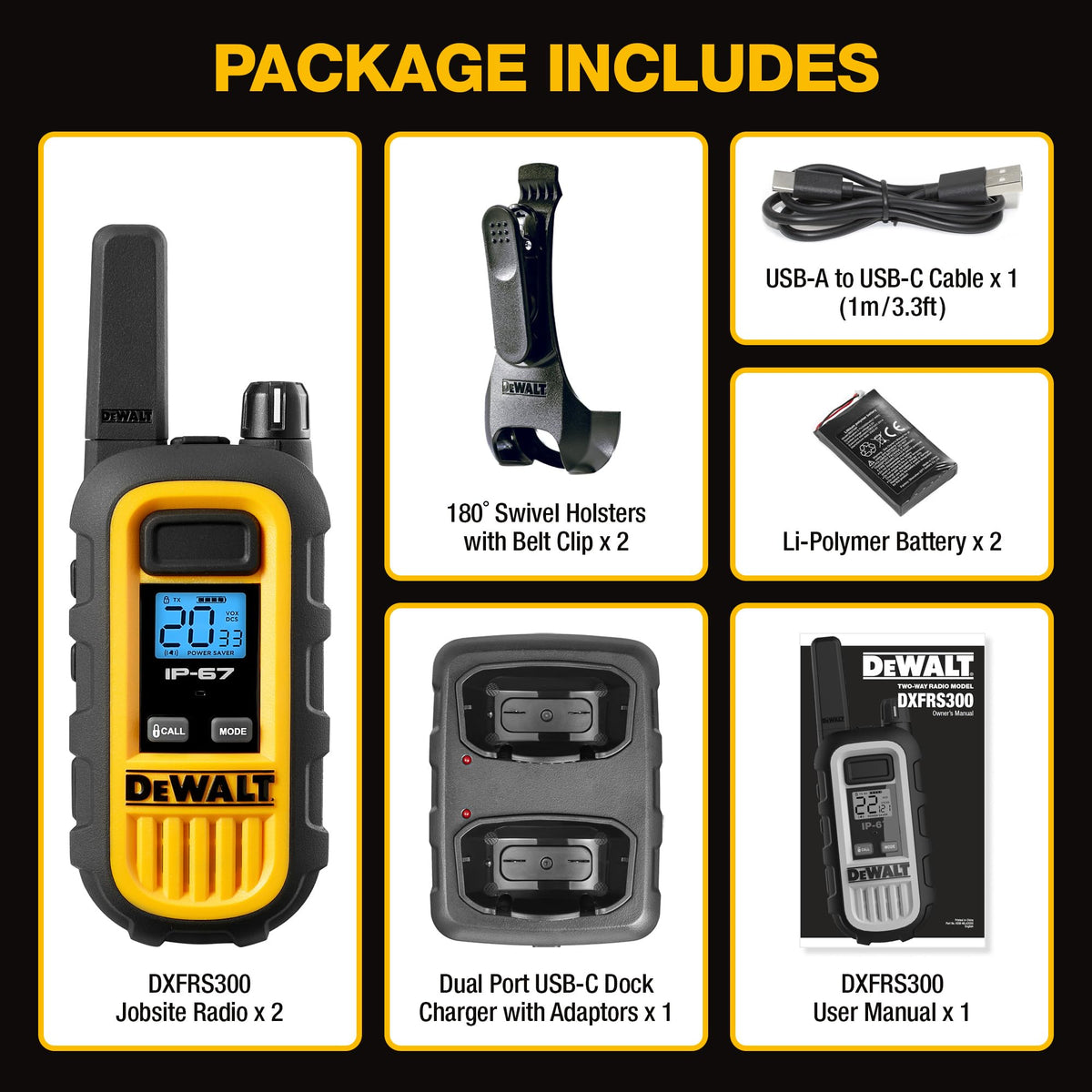 DEWALT DXFRS300 FRS Walkie Talkies, Long Range 2 Way Radio, 1W, IP67 Waterproof, Rechargeable, 2 Pack, DXFRS300