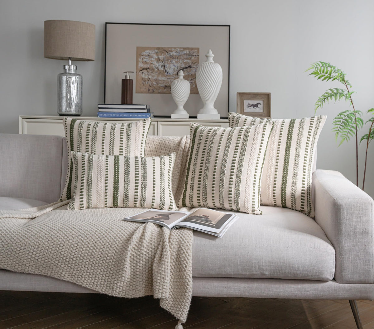 Cethom Green Boho Throw Pillow Covers 12x20 Inch Set of 2, Stripe Textured Decorative Couch Pillow Cases for Bed, Sofa, Living Room, Bedroom, Farmhouse Home Accent Cushion Covers