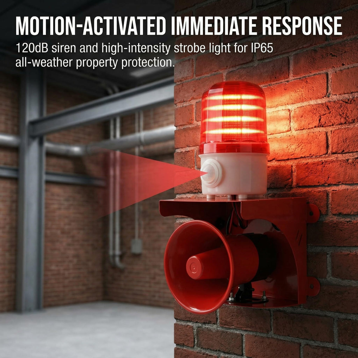 Motion Sensor Alarm with Human Detection, 120dB Loud Siren & LED Strobe for Home Defense, Outdoor Security, Property Protection, AC110V Plug