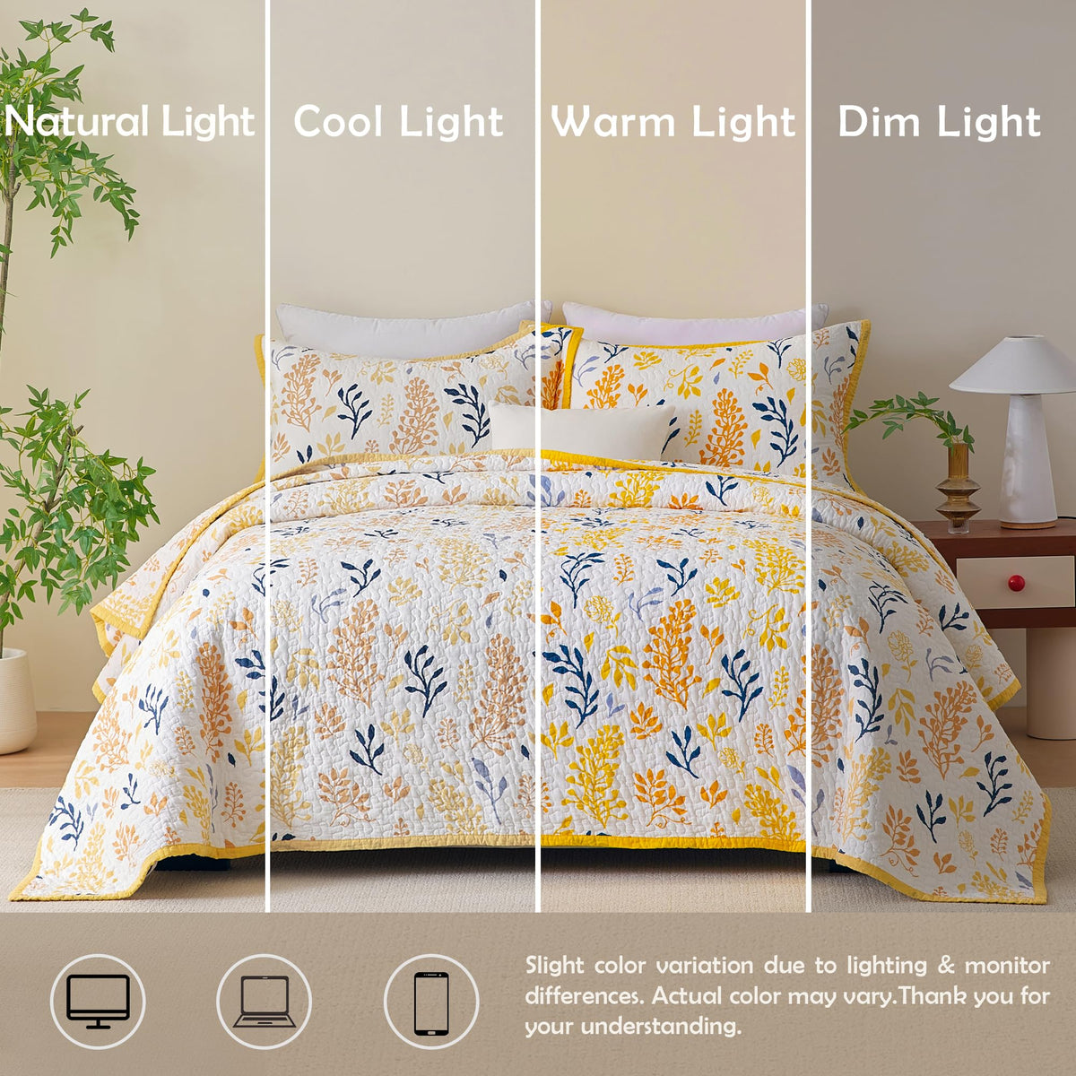 Cinefoso King Size Quilt - Floral Quilt Bedding Set 100% Cotton - Lightweight Farmhouse Bedspread for All Season 3-Piece - Yellow/White/Orange