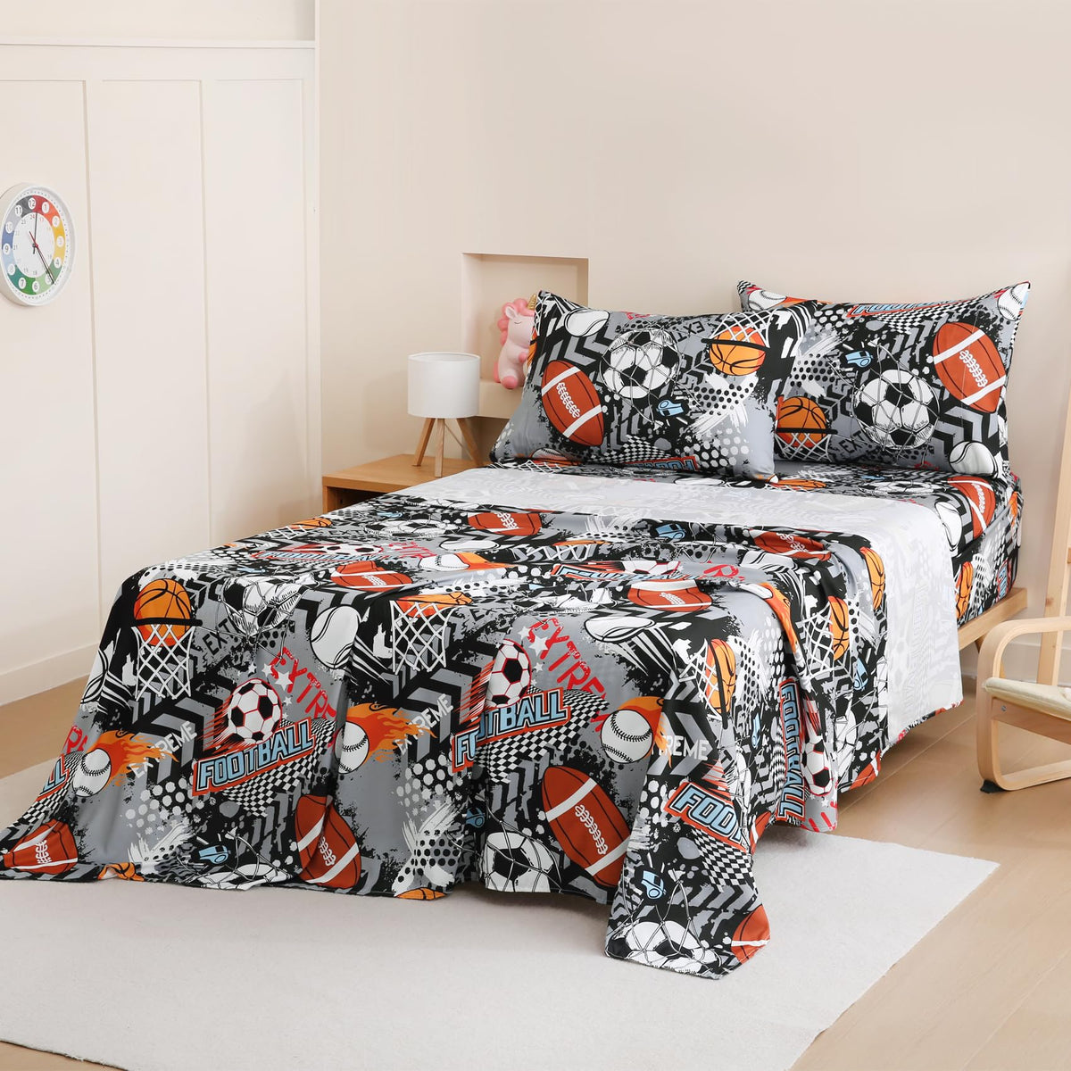 Yibeizi Grey Sports Sheet Set for Boys Full, Kids Football Basketball Baseball Print Bedsheets Microfiber Deep Pocket Cute Patterned Bed Sheet & Pillowcase Sets 4 Pieces