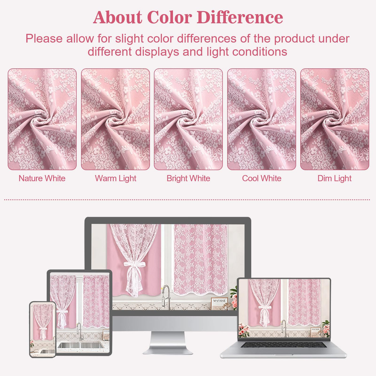 Yinhua Pink Kitchen Curtains 36 Inch Length Double Layer Blackout Cafe Curtains with Floral Sheer Overlay Rod Pocket Short Curtain for Windows, Small Window Curtain for Bathroom, Living Room, 2 Panels