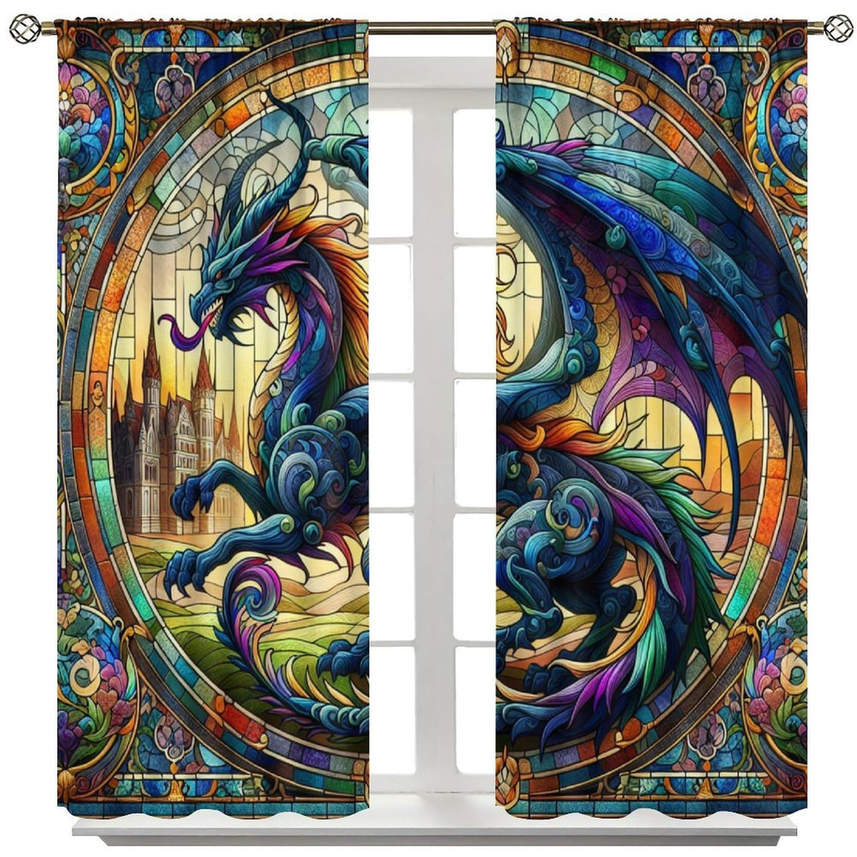 FengMingRui Stained Glass Dragon Curtains for Kids Abstract Geometry Western Dragon Window Treatments for Boys Girls Bedroom Living Room Window Drapes 42" W X 45" L