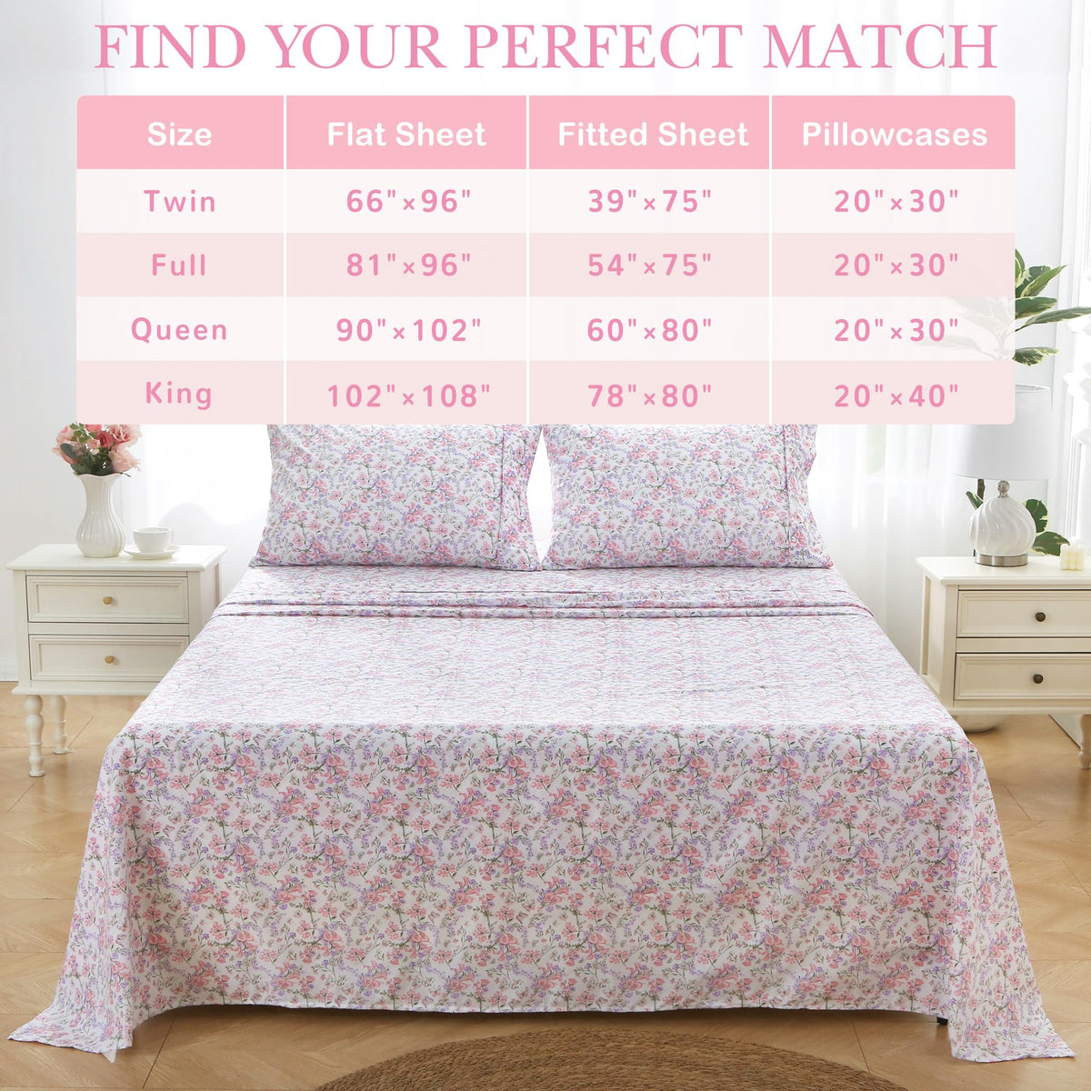 Mooreeke Cozy Vintage Microfiber Printed Full Sheet Set - Soft Breathable Percale Cotton Floral Bed Sheets with Deep Pocket - Non-Slip Fitted Design - Pink Purple Flowers Pattern