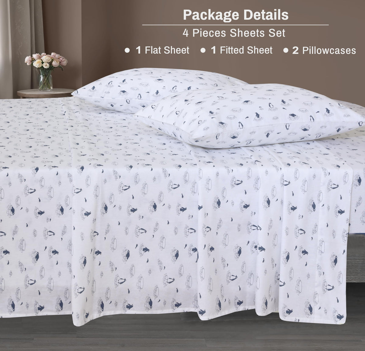 ZOYER Flannel Sheets King Size - 100% Cotton Double Brushed King Size Sheets Set - Deep Pockets 16 Inches Bed Sheets - All Seasons Breathable & Extra Soft - Warm & Cozy, 4 Piece, Peguin Edge