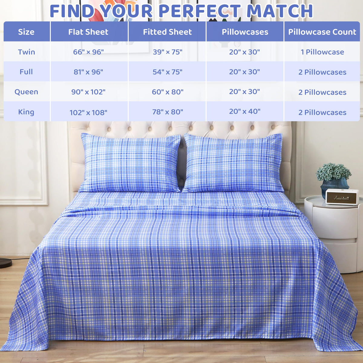 Mooreeke Cozy Plaid Microfiber Printed Full Sheet Set - Soft & Breathable Purple Yellow Plaid Bed Sheets with Extra Deep Pocket - Non-Slip Fitted Design - Purple Yellow Square Plaid Pattern - Full
