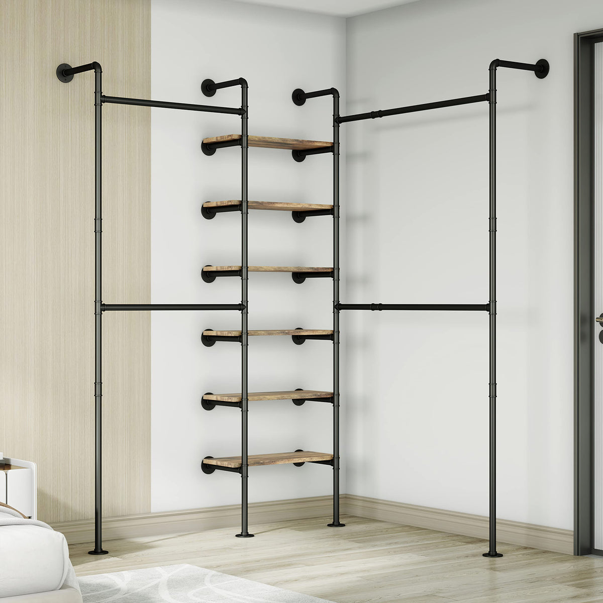 HKaikzo Wall Mounted Closet System 85" HĆ81" W, Industrial Pipe Clothing Rack for Walk-in Closet with 6 Shelves, Heavy Duty 200LBS Garment Rack, Color-Coded Assembly, 3 Layout Options, Black