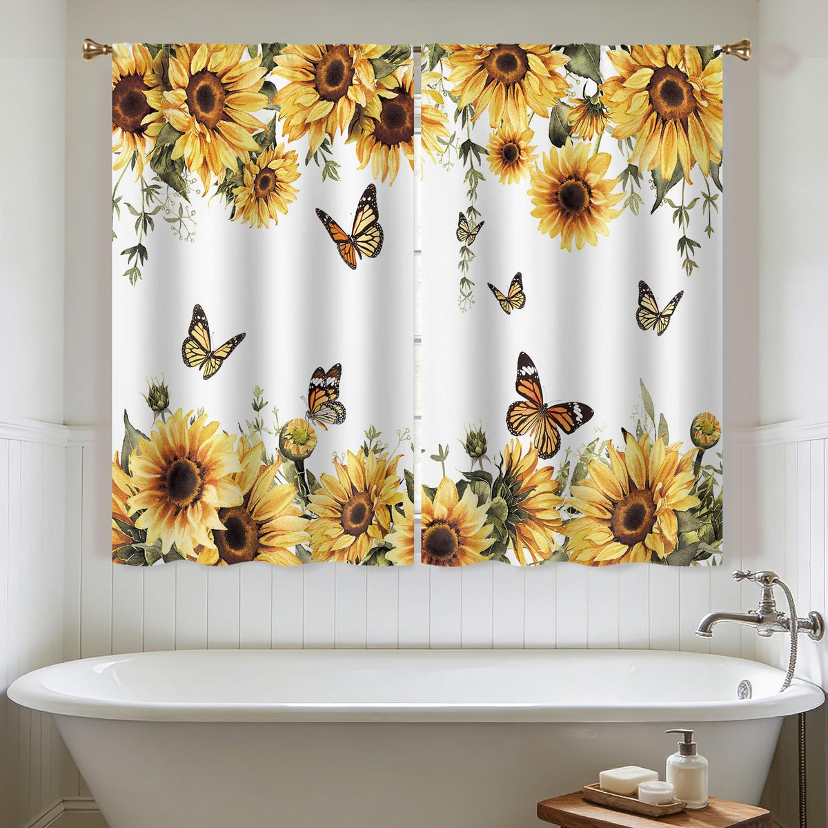 Cizuug Sunflower Yellow Floral Kitchen Curtain Rustic Country Flower Butterfly Farmhouse Over Sink Small Short Cafe Tier Bright Window Drapes Bathroom Home Decor 2 Panels