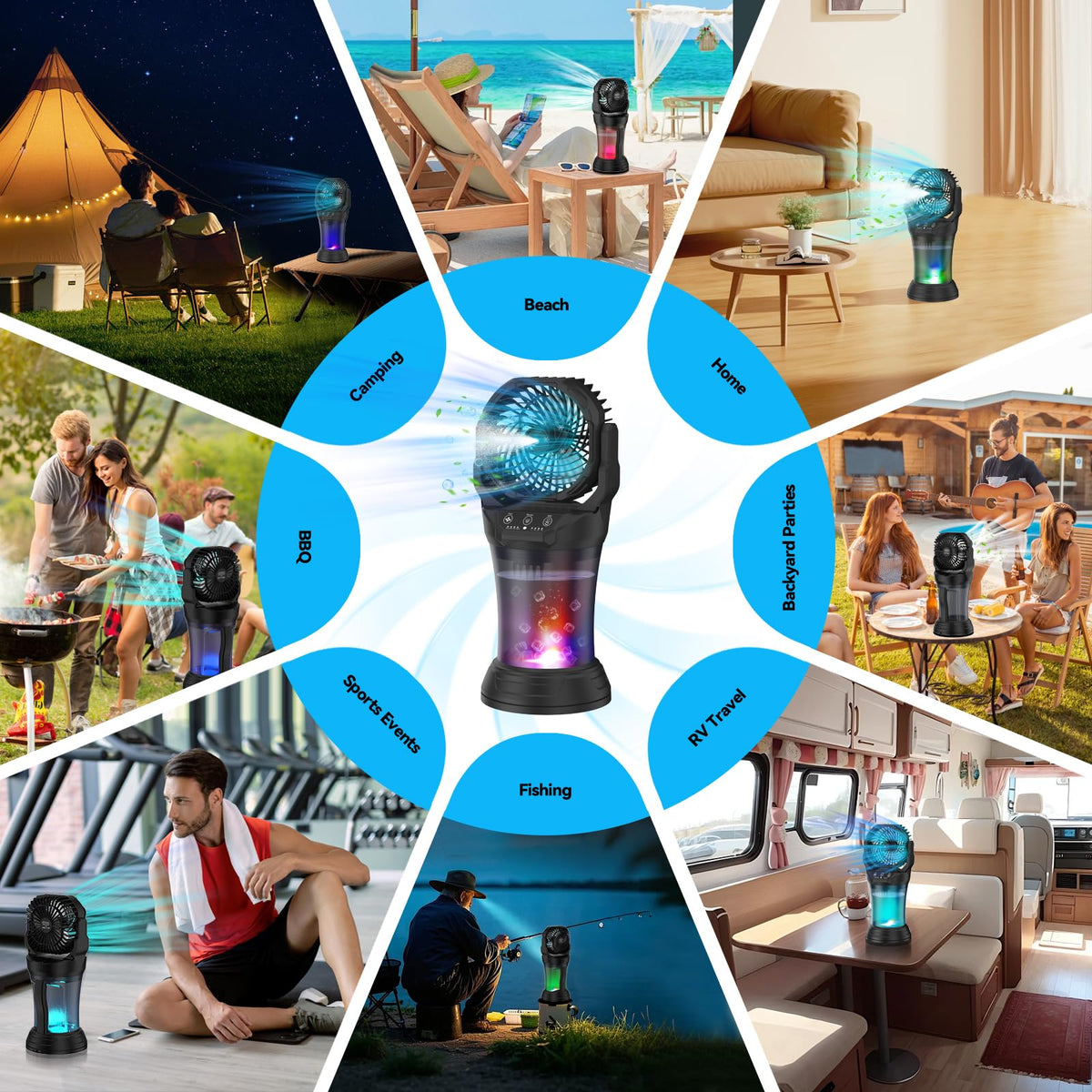 Wilody Misting Fan Portable Camping Fan Battery Powered with Remote Control, RGB Ambient Light with 2L Bucket, Battery Indicator, 120° Auto Oscillating, Timing Function, Grip Handle(Black)