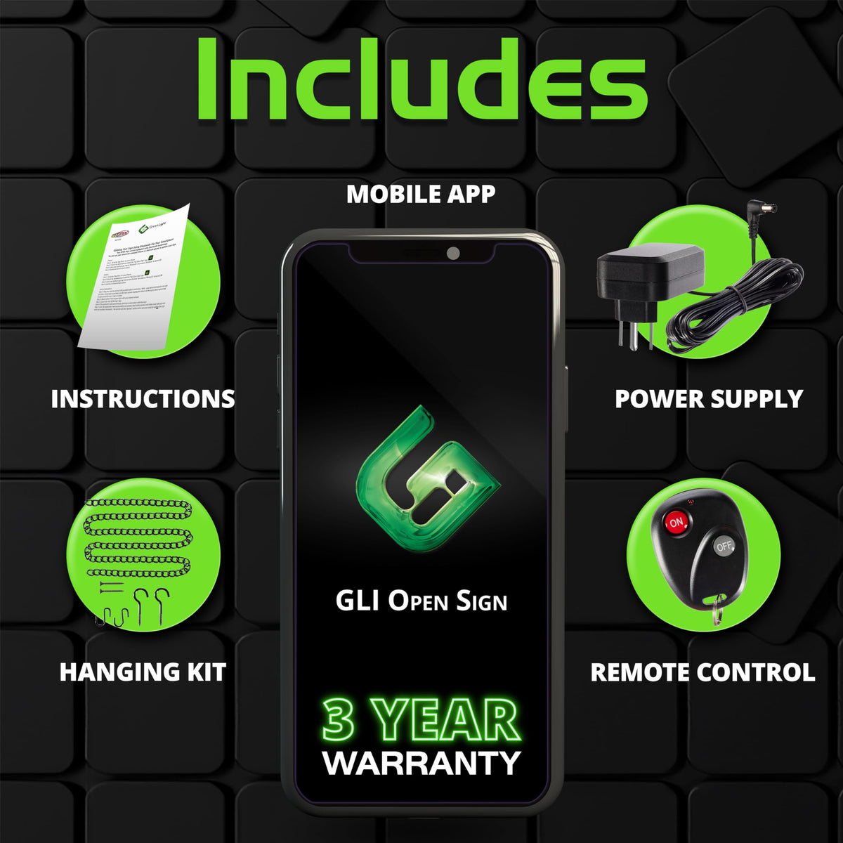 Green Light Innovations Super‑Bright LED Open Sign 15×32 in – Programmable with 64 Color Combos via App or Remote – Static, Scroll, Flash & Phase Modes – Daylight Visible Electric Sign