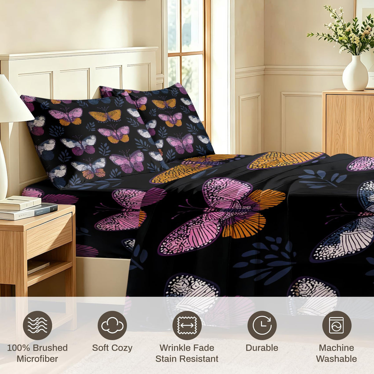 Butterfly Queen Sheet Set 4 Pcs Gothic Dark Bed Sheets