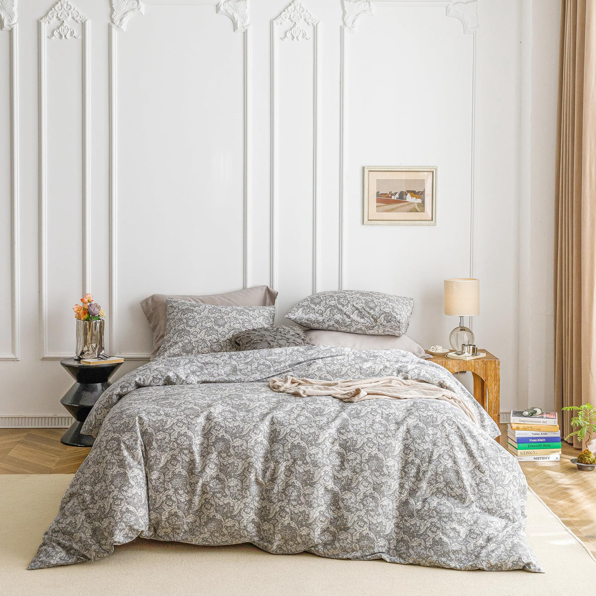 SUSYBAO Boho Flower Duvet Cover Queen 100% Cotton 3 Pcs Set 1 Vintage Grey Paisley Duvet Cover with Zipper Ties 2 Pillowcases Classical Style Gray Bohemian Floral Bedding Set Soft